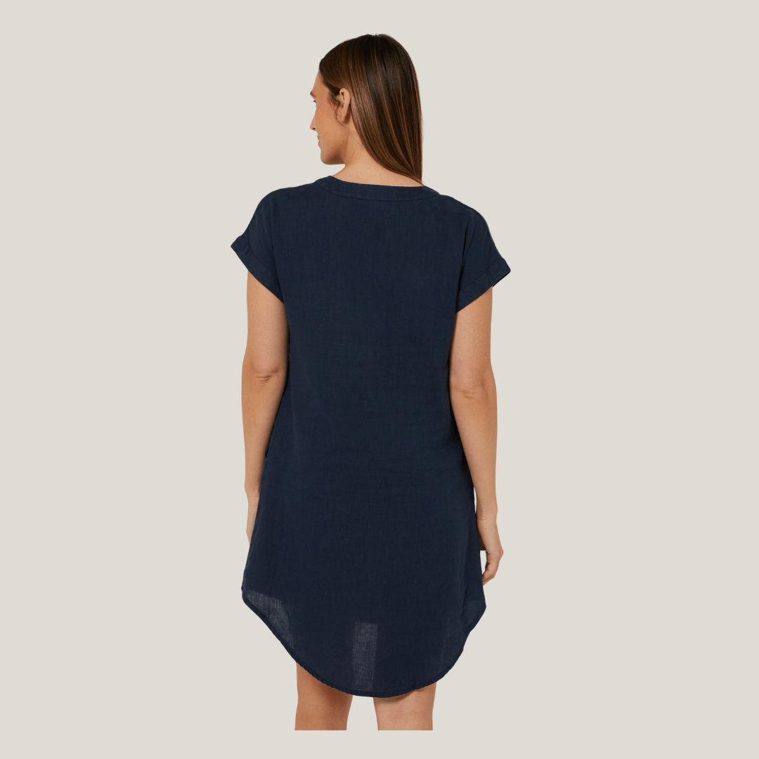 Back view of Ritemate Pilbara Alina Cap Sleeved Linen Dress in Navy, 100% linen dress with side pockets available at Stewart's Menswear Mullumbimby.