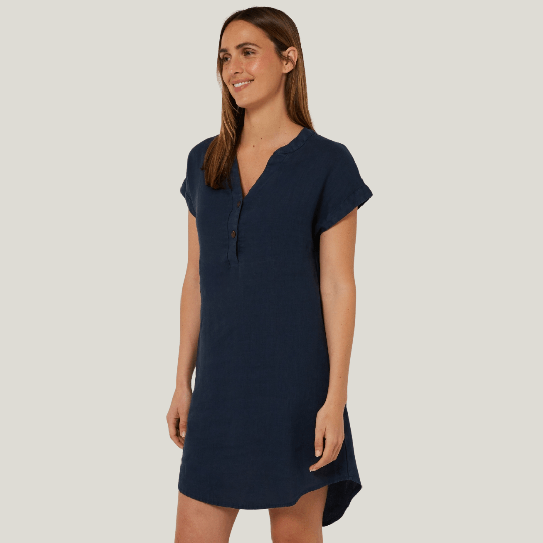 Front view of Ritemate Pilbara Alina Cap Sleeved Linen Dress in Navy, 100% linen dress with side pockets available at Stewart's Menswear Mullumbimby.