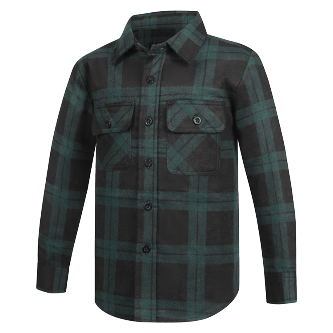 Green and Black plaid shirt on a white background. Pilbara collection children's flannelette shirt available from Stewart's Menswear, Mullumbimby