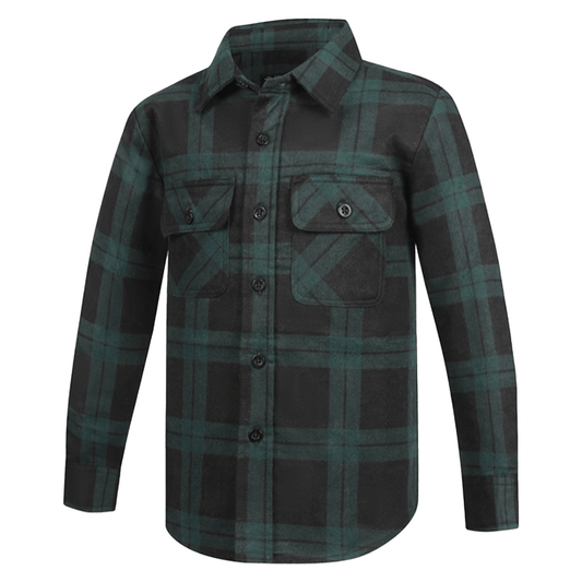 Green and Black plaid shirt on a white background. Pilbara collection children's flannelette shirt available from Stewart's Menswear, Mullumbimby