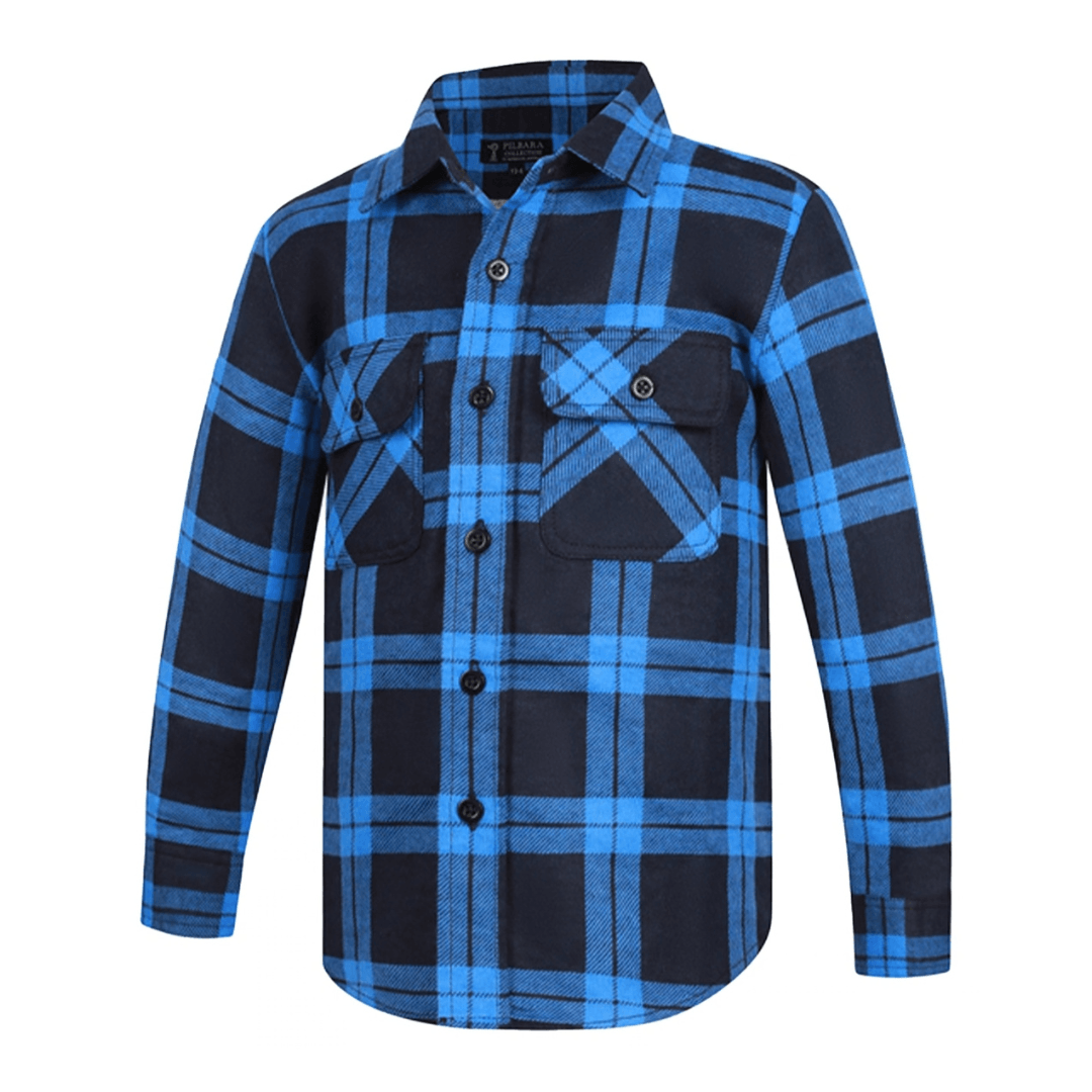 Royal Blue and Navy plaid shirt on a white background. Pilbara collection children's flannelette shirt available from Stewart's Menswear, Mullumbimby