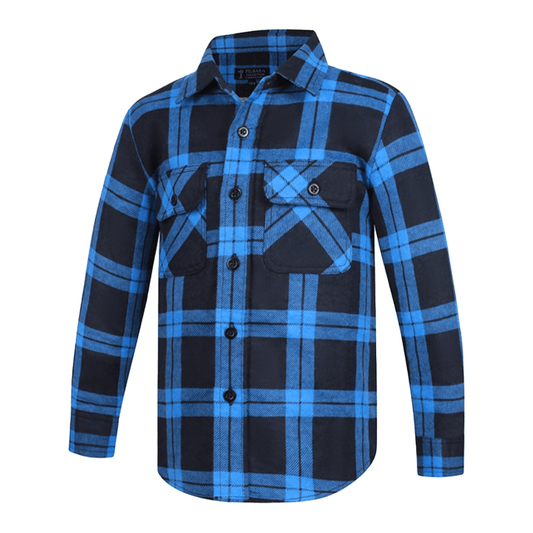 Royal Blue and Navy plaid shirt on a white background. Pilbara collection children's flannelette shirt available from Stewart's Menswear, Mullumbimby