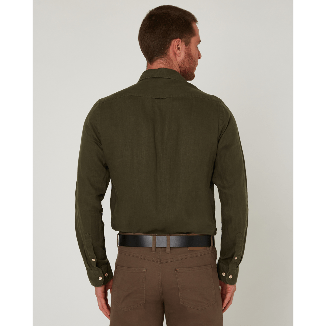 Back view of men's Pilbara Collection by Ritemate Workwear Classic Fit Long Sleeve Linen Shirt in olive with Windmill embroidery detail, available at Stewart's Menswear Mullumbimby.