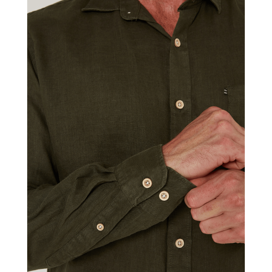 Cuff Detail of Men's Pilbara Collection by Ritemate Workwear Classic Fit Long Sleeve Linen Shirt in olive with Windmill embroidery detail, available at Stewart's Menswear Mullumbimby.