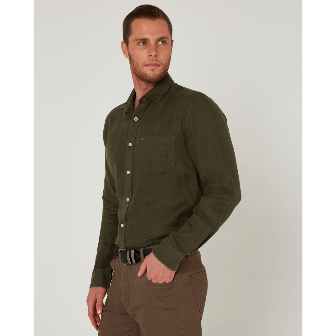 Men's Pilbara Collection by Ritemate Workwear Classic Fit Long Sleeve Linen Shirt in Olive with Windmill embroidery detail, available at Stewart's Menswear Mullumbimby.