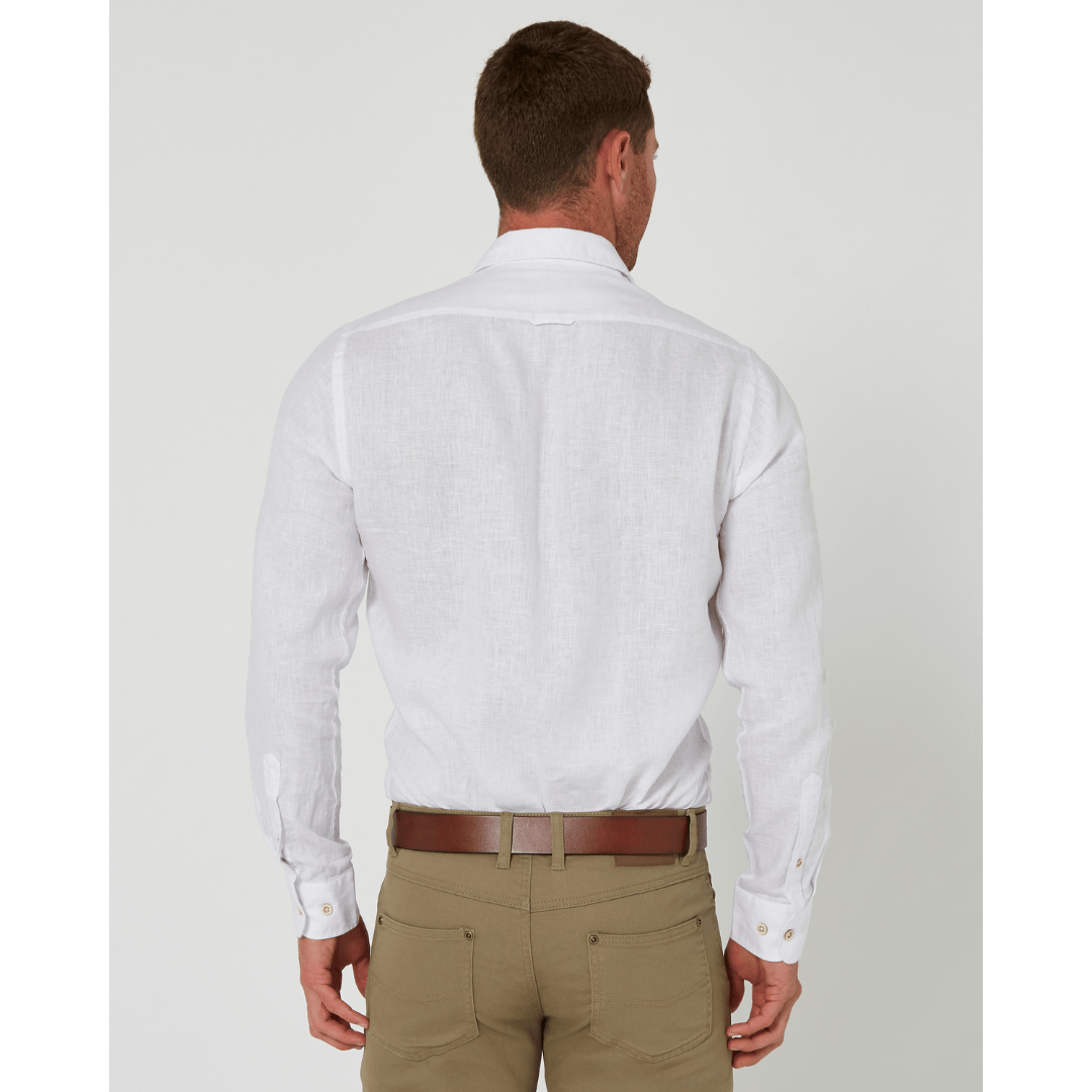 Back view of men's Pilbara Collection by Ritemate Workwear Classic Fit Long Sleeve Linen Shirt with Windmill embroidery detail, available at Stewart's Menswear Mullumbimby.