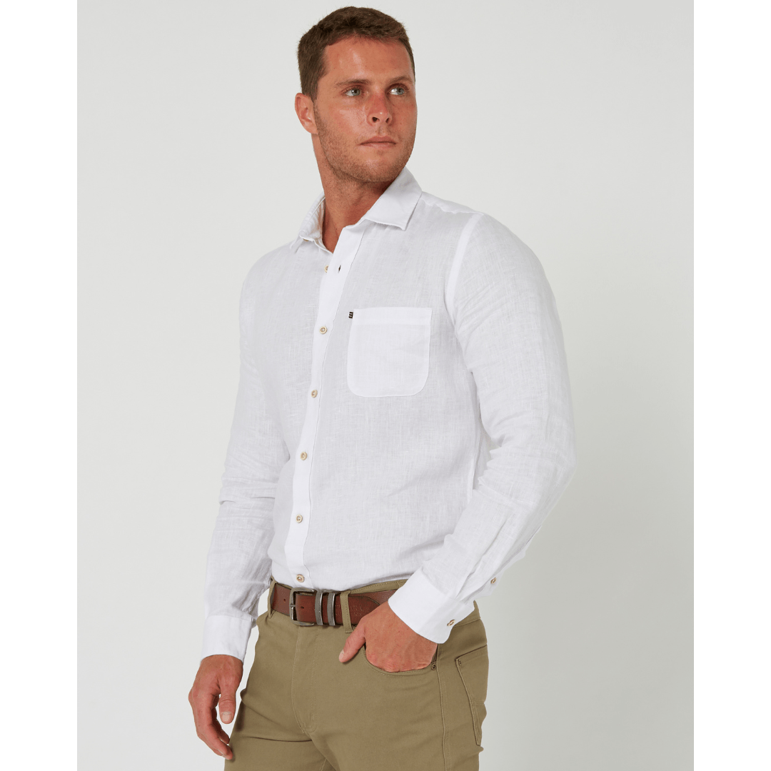 Men's Pilbara Collection by Ritemate Workwear Classic Fit Long Sleeve Linen Shirt in white with Windmill embroidery detail, available at Stewart's Menswear Mullumbimby.