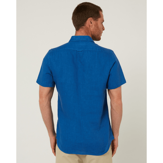 Back view of Men's Pilbara Collection by Ritemate Workwear Classic Fit Short Sleeve Linen Shirt in Deep Blue with Windmill embroidery detail, available at Stewart's Menswear Mullumbimby.