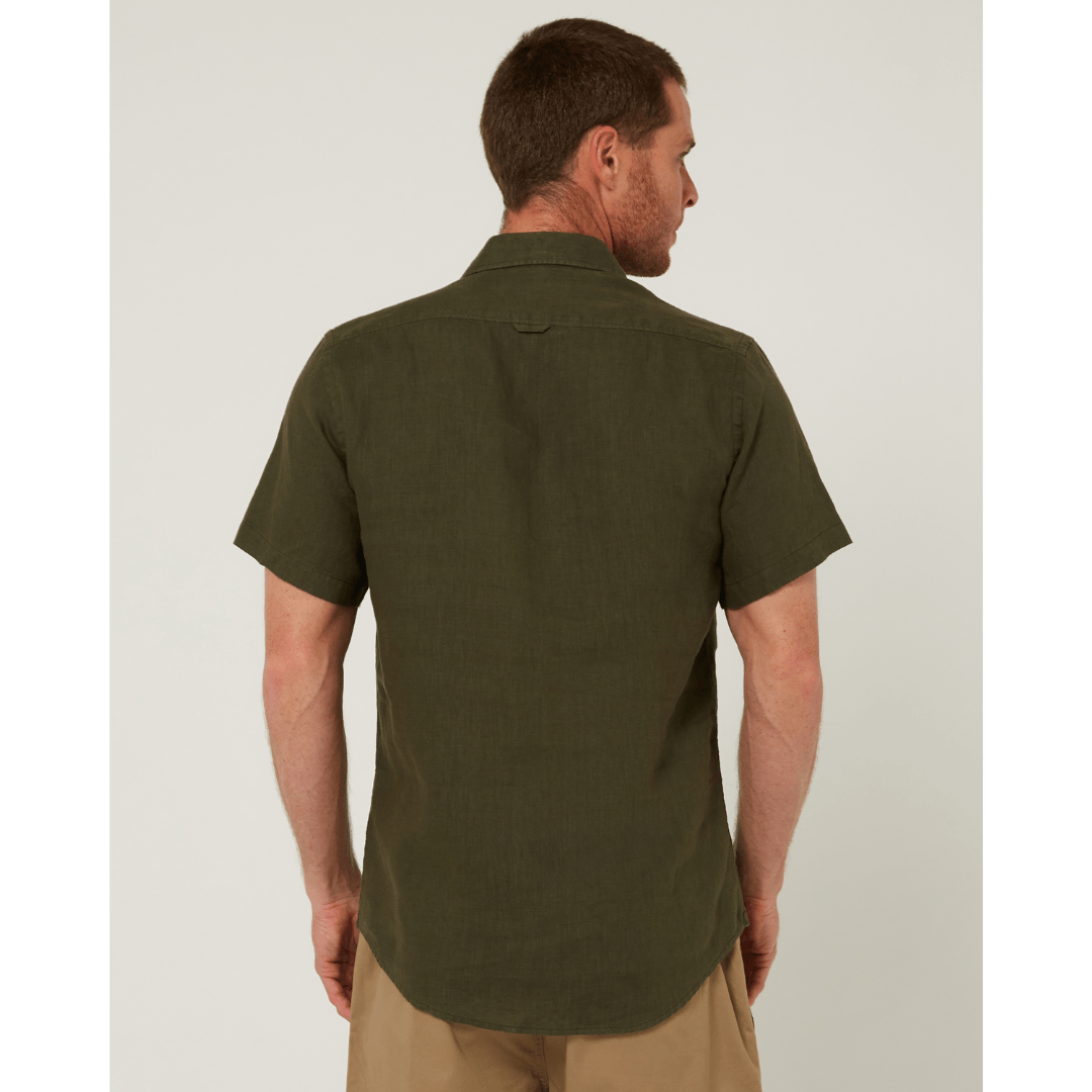 Back view of Men's Pilbara Collection by Ritemate Workwear Classic Fit Short Sleeve Linen Shirt in Olive with Windmill embroidery detail, available at Stewart's Menswear Mullumbimby.