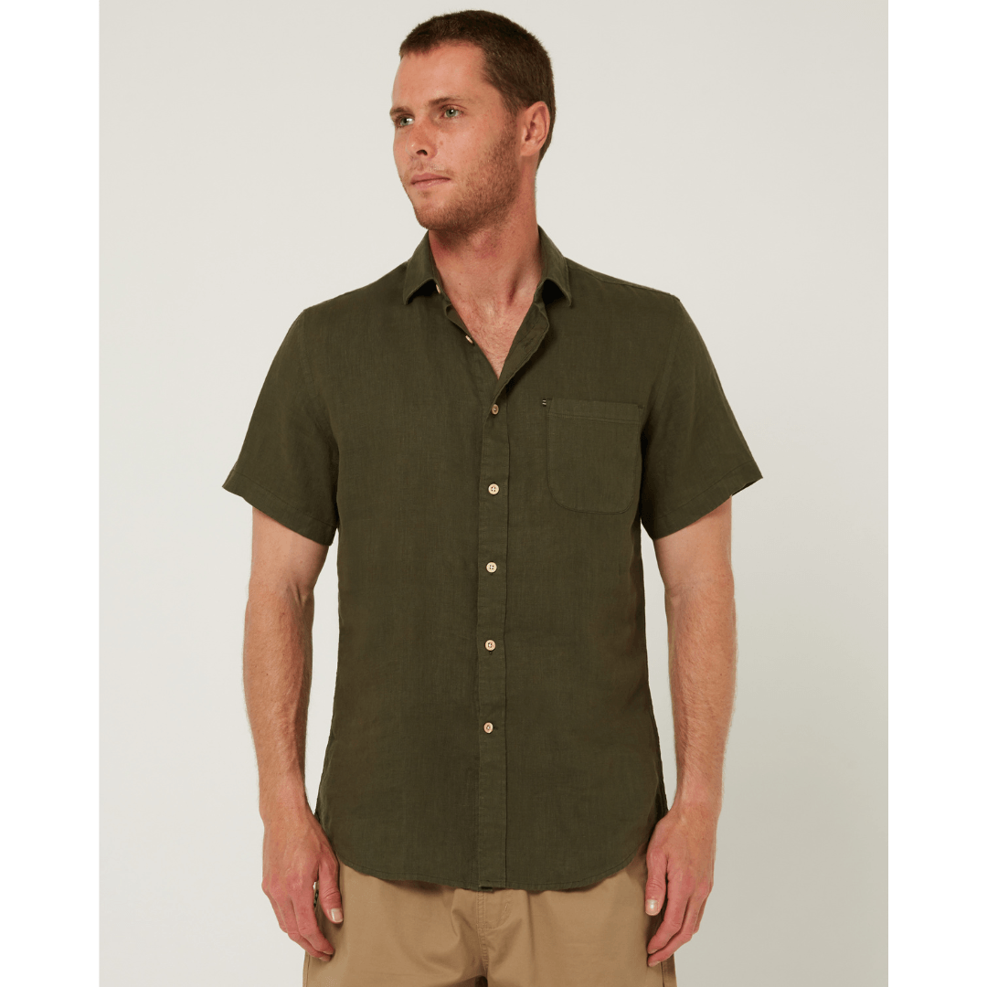 Front view of Men's Pilbara Collection by Ritemate Workwear Classic Fit Short Sleeve Linen Shirt in Olive with Windmill embroidery detail, available at Stewart's Menswear Mullumbimby.