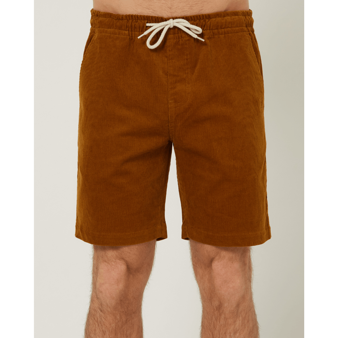 Front view of men's Pilbara Collection by Ritemate Workwear Corduroy Shorts in maple with Windmill embroidery detail, available at Stewart's Menswear Mullumbimby.