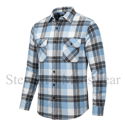Pilbara collection ladies flannelette shirt in cerulean/grey/white available at Stewart's Menswear in Mullumbimby