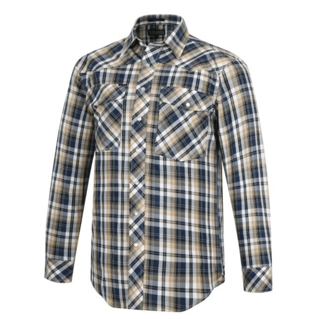 Ritemate workwear, Pilbara Western men’s pearl snap long sleeve check shirt available at Stewart’s Menswear Mullumbimby. Traditional Brown, Navy and White check western shirt 