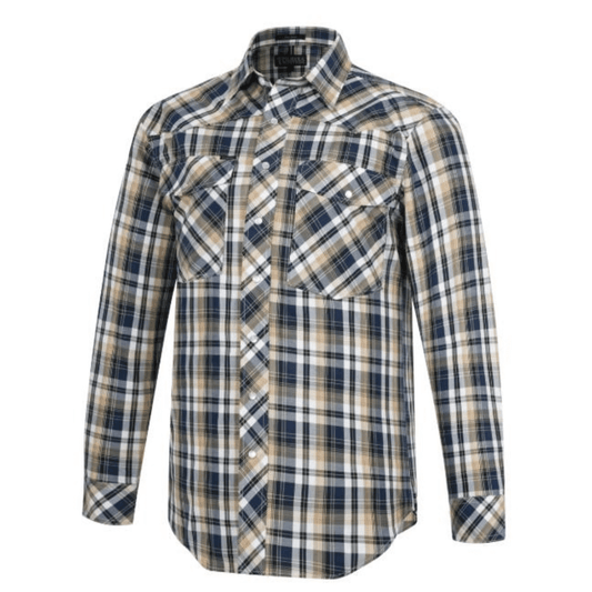 Ritemate workwear, Pilbara Western men’s pearl snap long sleeve check shirt available at Stewart’s Menswear Mullumbimby. Traditional Brown, Navy and White check western shirt 