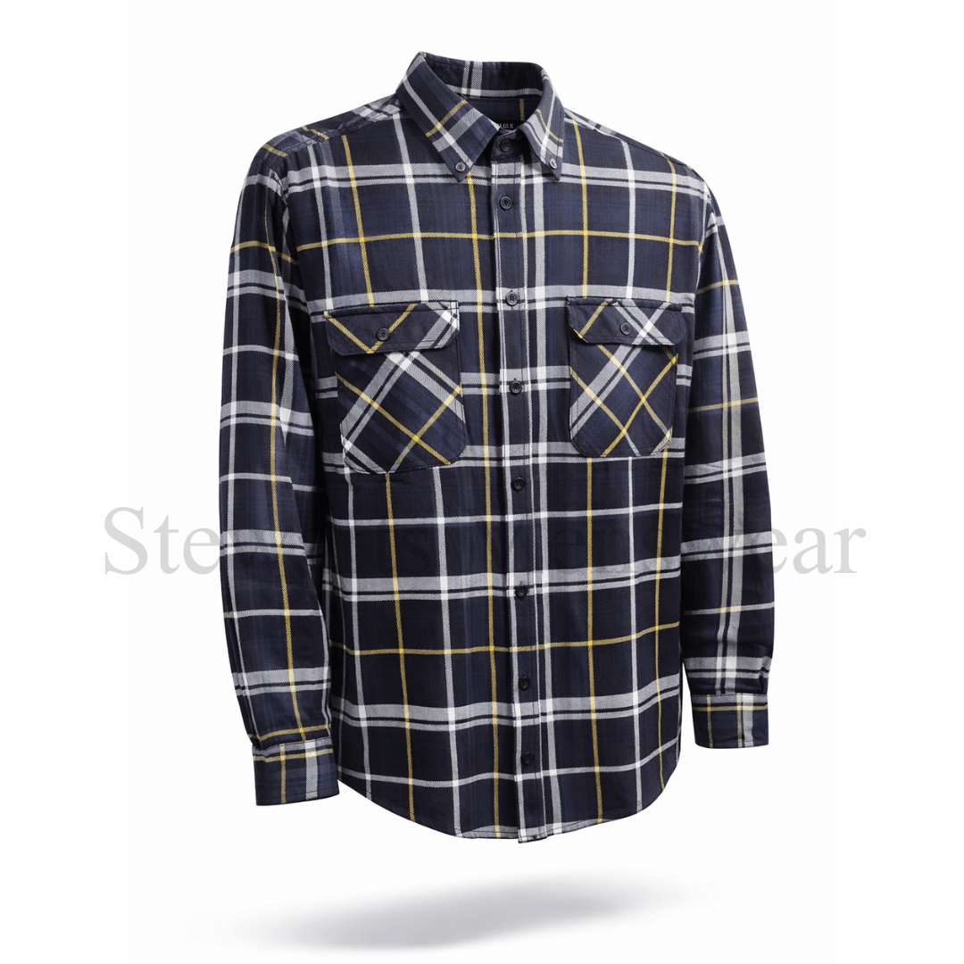 Plaid shirt with black, yellow, and white pattern on a white background. Pilbara Collection Flannelette Shirt classic check 160gsm cotton, available at Stewart’s Menswear Mullumbimby.