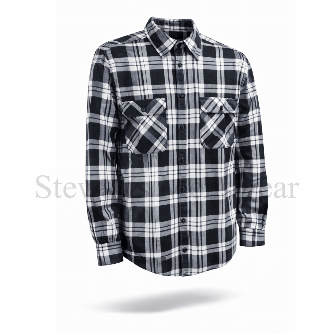 Black and white plaid shirt on a white background. Pilbara Collection Flannelette Shirt classic check 160gsm cotton, available at Stewart’s Menswear Mullumbimby.