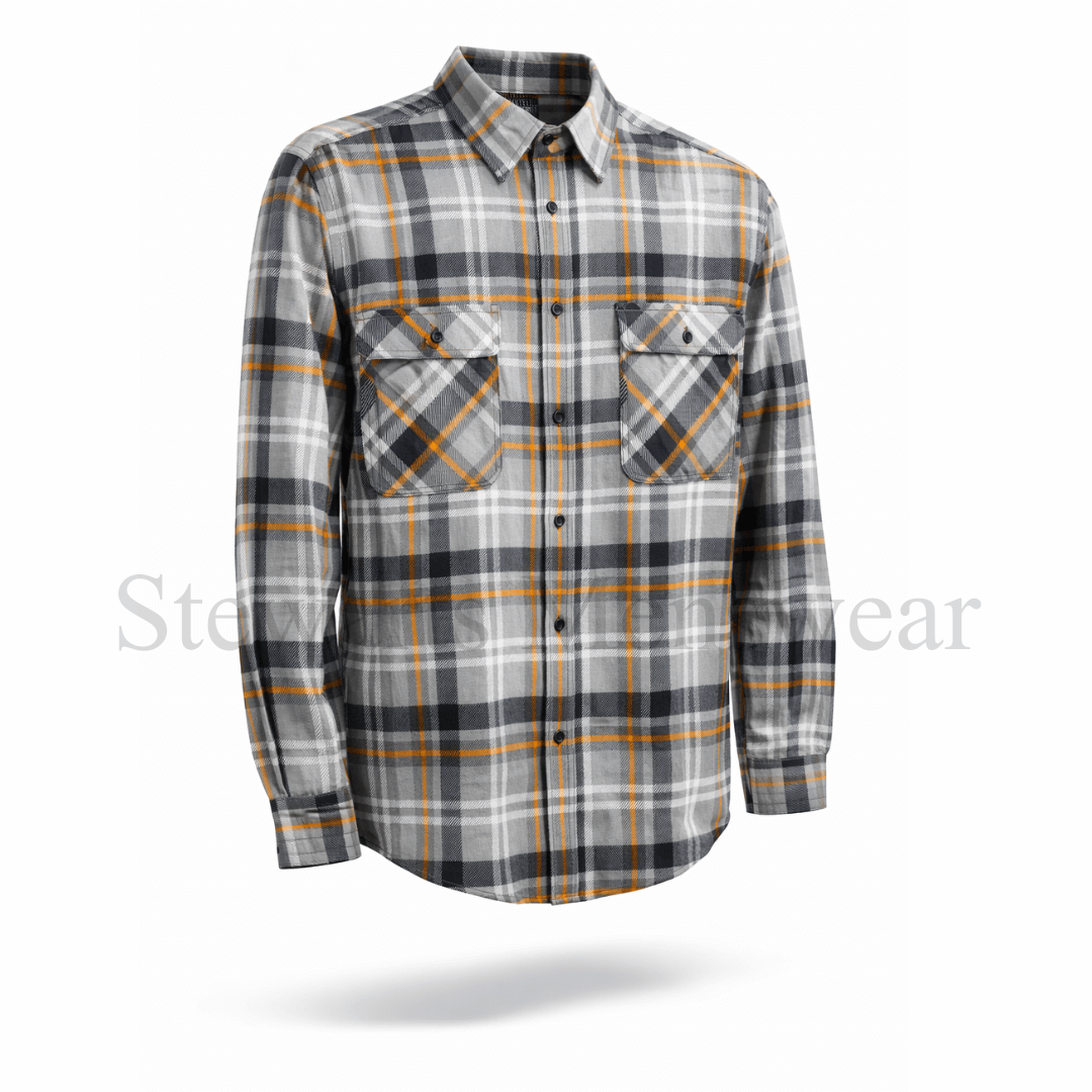 Plaid shirt with gray and orange pattern on a white background. Pilbara Collection Flannelette Shirt classic check 160gsm cotton, available at Stewart’s Menswear Mullumbimby.