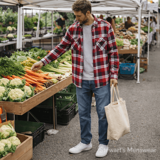 Man wearing Red, charcoal and white plaid shirt on a white background whilst shopping at a farmer's market. Pilbara Collection Flannelette Shirt classic check 160gsm cotton, available at Stewart’s Menswear Mullumbimby.