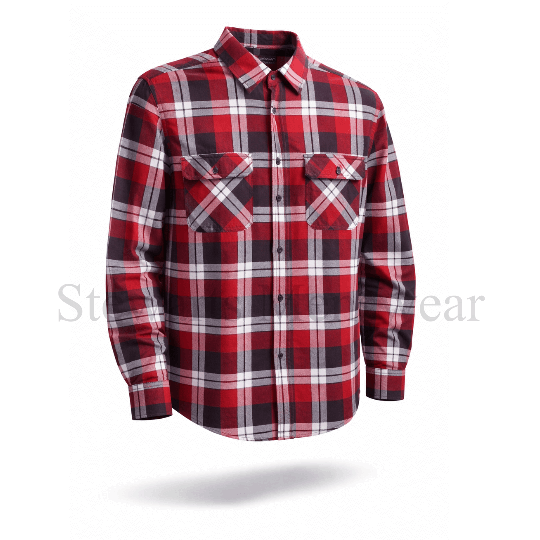 Red, charcoal and white plaid shirt on a white background. Pilbara Collection Flannelette Shirt classic check 160gsm cotton, available at Stewart’s Menswear Mullumbimby.