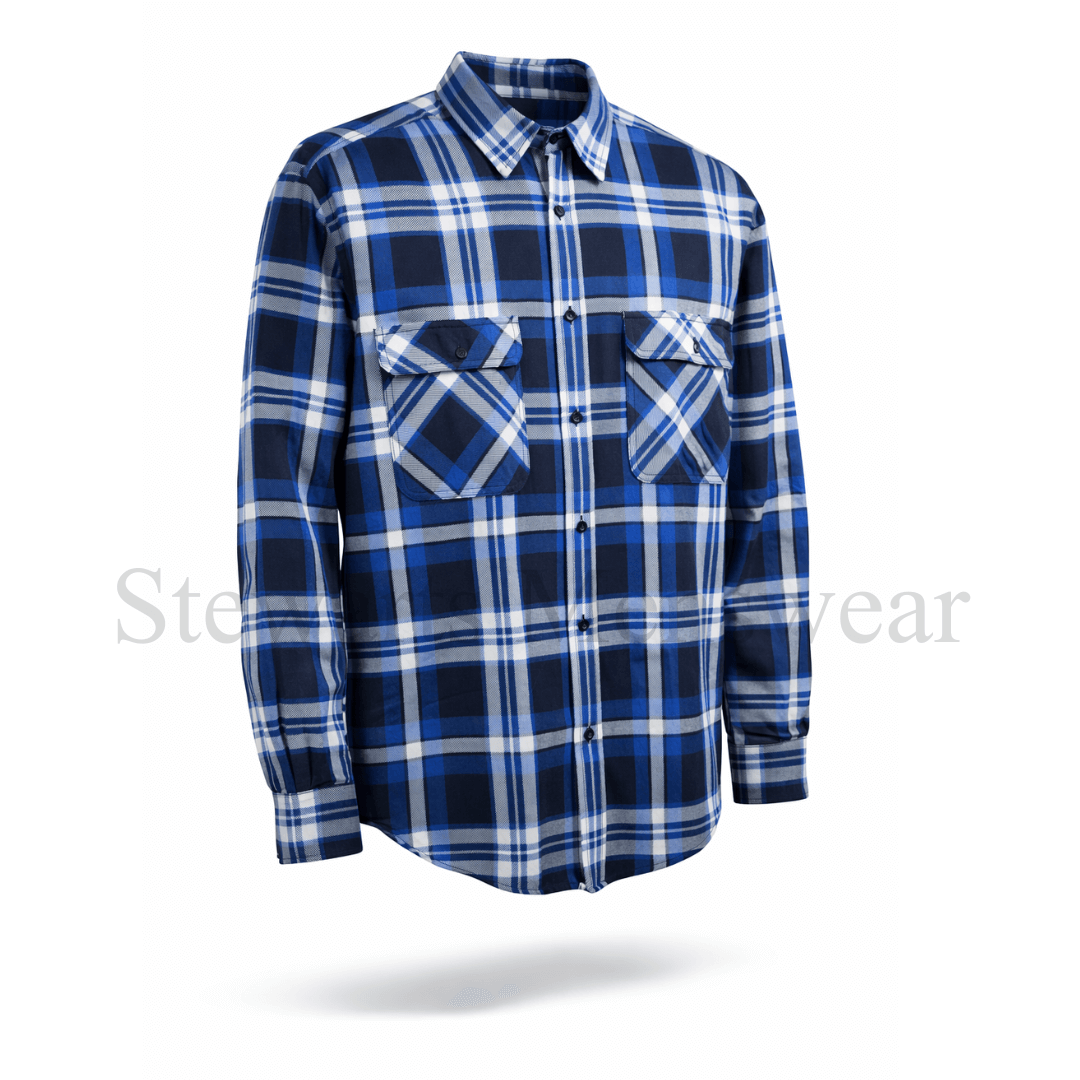Royal blue, navy and white plaid shirt on a white background. Pilbara Collection Flannelette Shirt classic check 160gsm cotton, available at Stewart’s Menswear Mullumbimby.