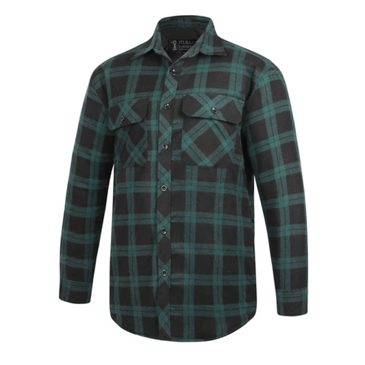 Pilbara collection men's flannelette shirt in black/green plaid available from stewart's Menswear, Mullumbimby.