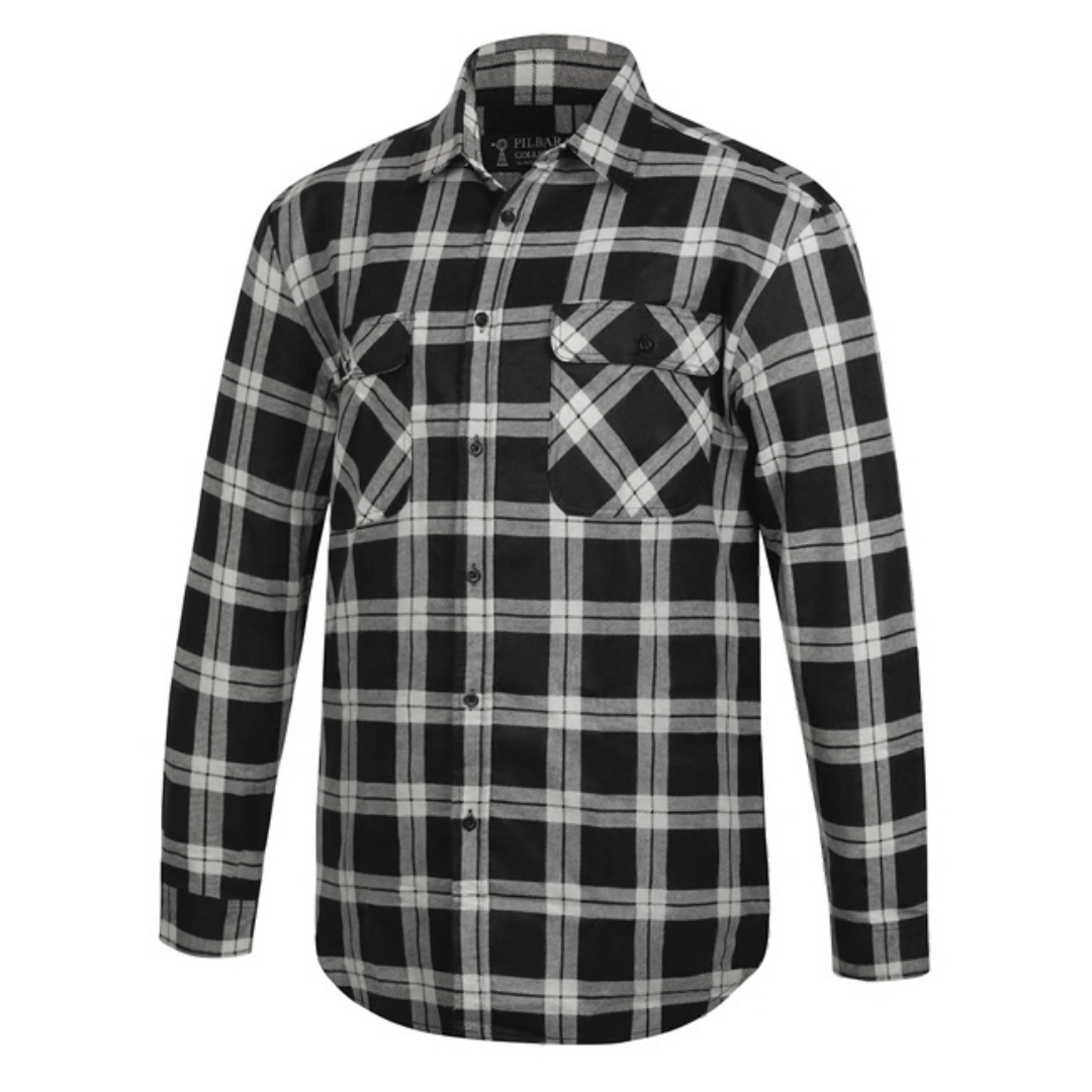 Pilbara collection men's flannelette shirt in grey/black plaid available from stewart's Menswear, Mullumbimby.