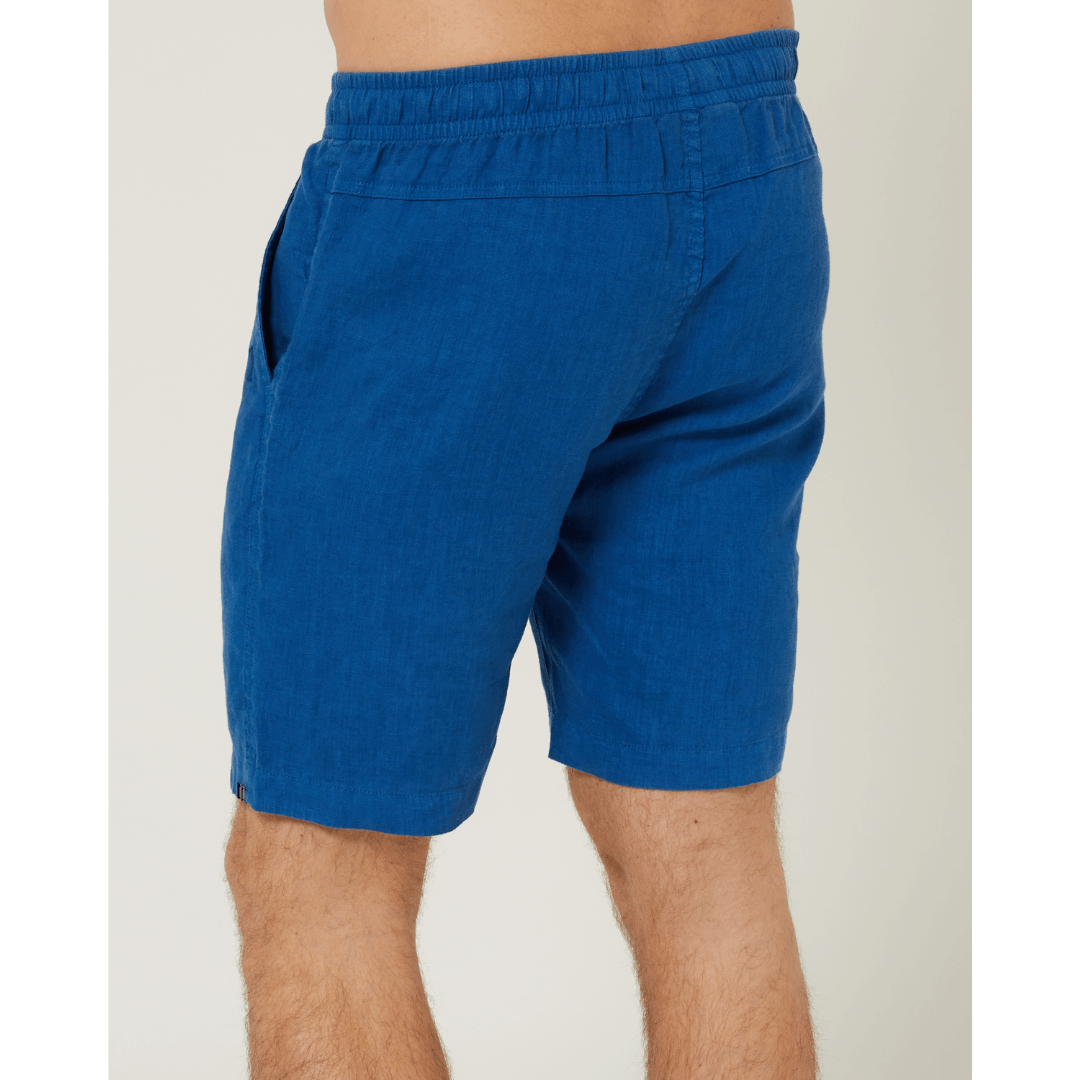 Back View of men's Pilbara Collection by Ritemate Workwear Modern Fit Linen Shorts in Deep Blue with tone on tone Windmill embroidery, available at Stewart's Menswear Mullumbimby.