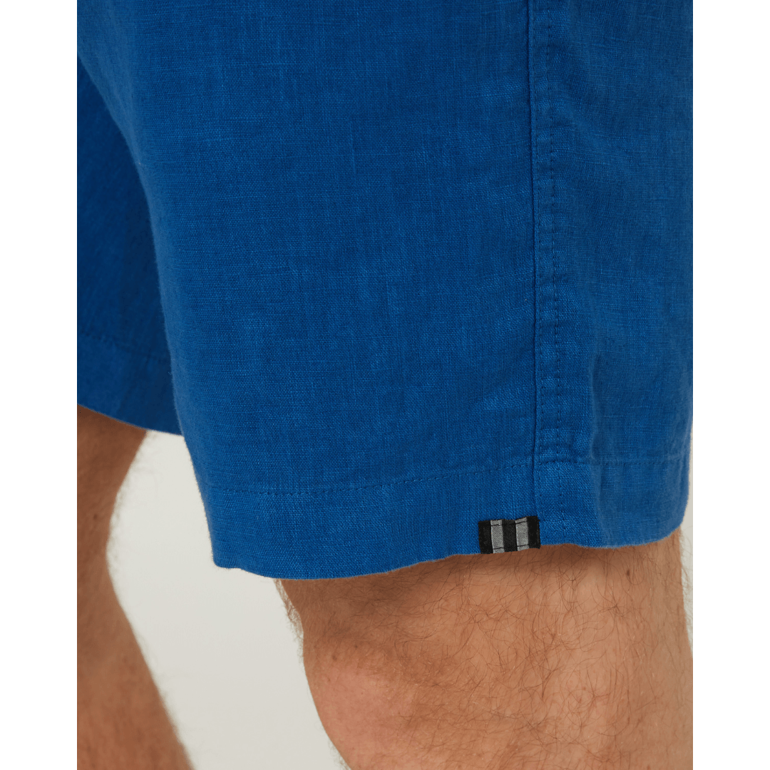 Detail View of men's Pilbara Collection by Ritemate Workwear Modern Fit Linen Shorts in Deep Blue with tone on tone Windmill embroidery, available at Stewart's Menswear Mullumbimby.