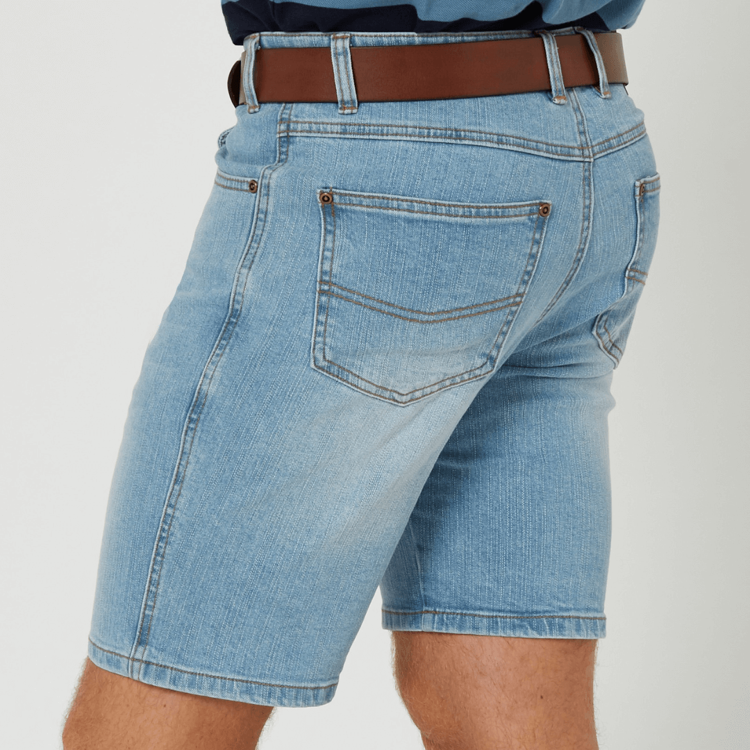 Back view of Pilbara Men’s Stretch Denim Shorts in acid wash available at Stewart’s Menswear Mullumbimby