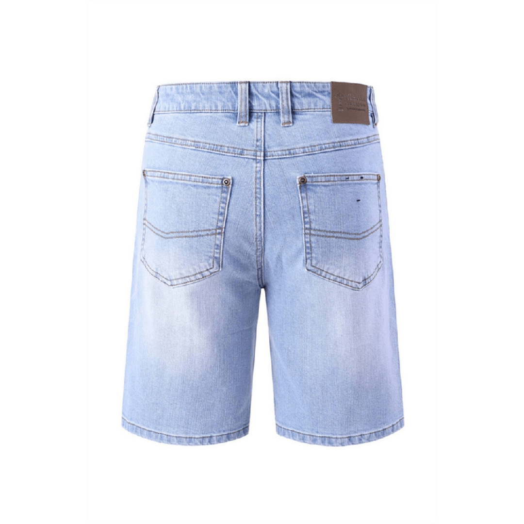 Stewarts Menswear Pilbara Stretch Denim Shorts. These Pilbara Men's Stretch Denim Shorts are perfect for everyday wear, outdoor activities, and casual events. They can be paired with a t-shirt, polo shirt or dress shirt, making them versatile addition to your wardrobe. Acid Wash colour, back view.