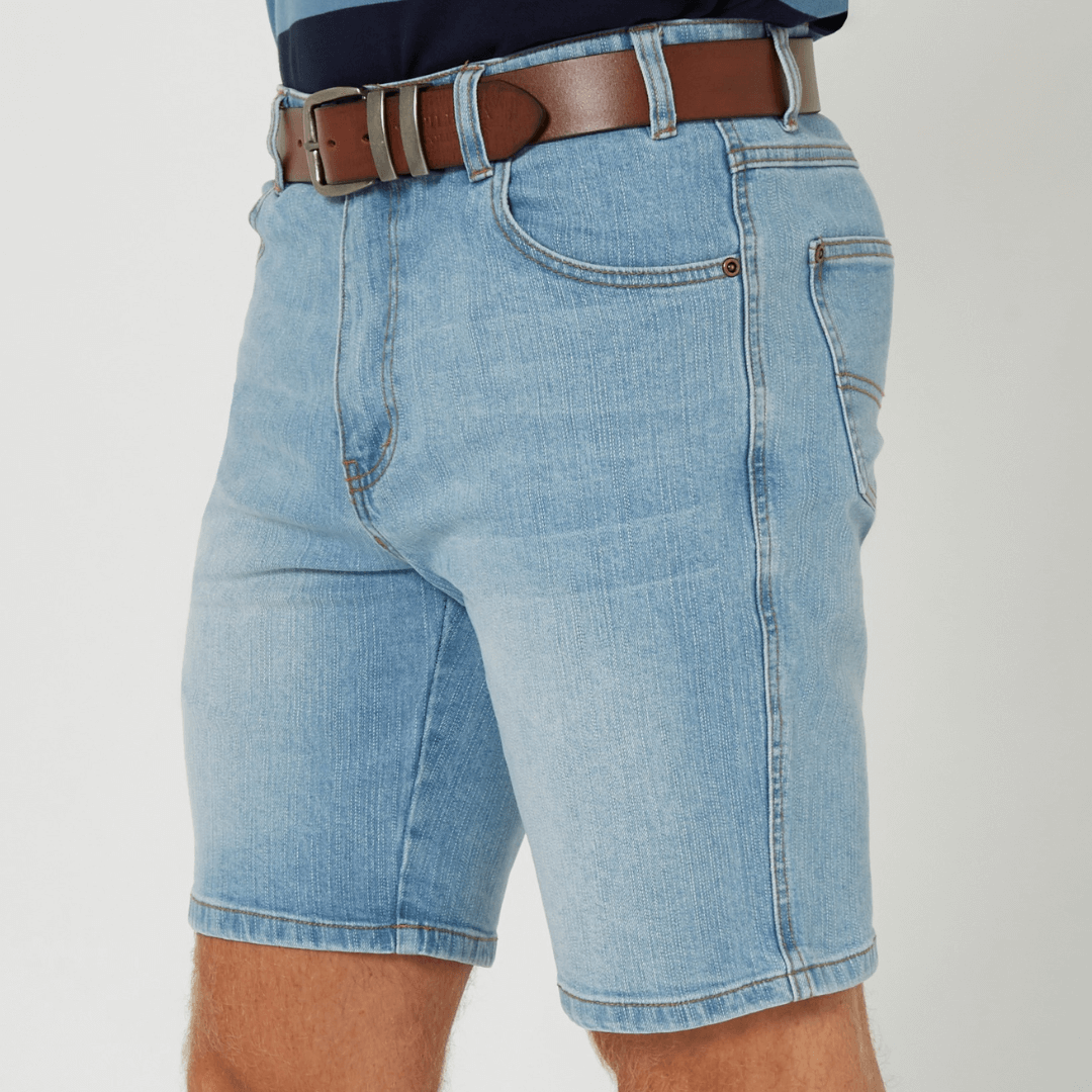 Front bview of Pilbara Men’s Stretch Denim Shorts in acid wash available at Stewart’s Menswear Mullumbimby