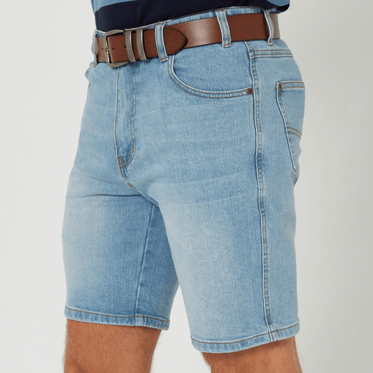 Front bview of Pilbara Men’s Stretch Denim Shorts in acid wash available at Stewart’s Menswear Mullumbimby