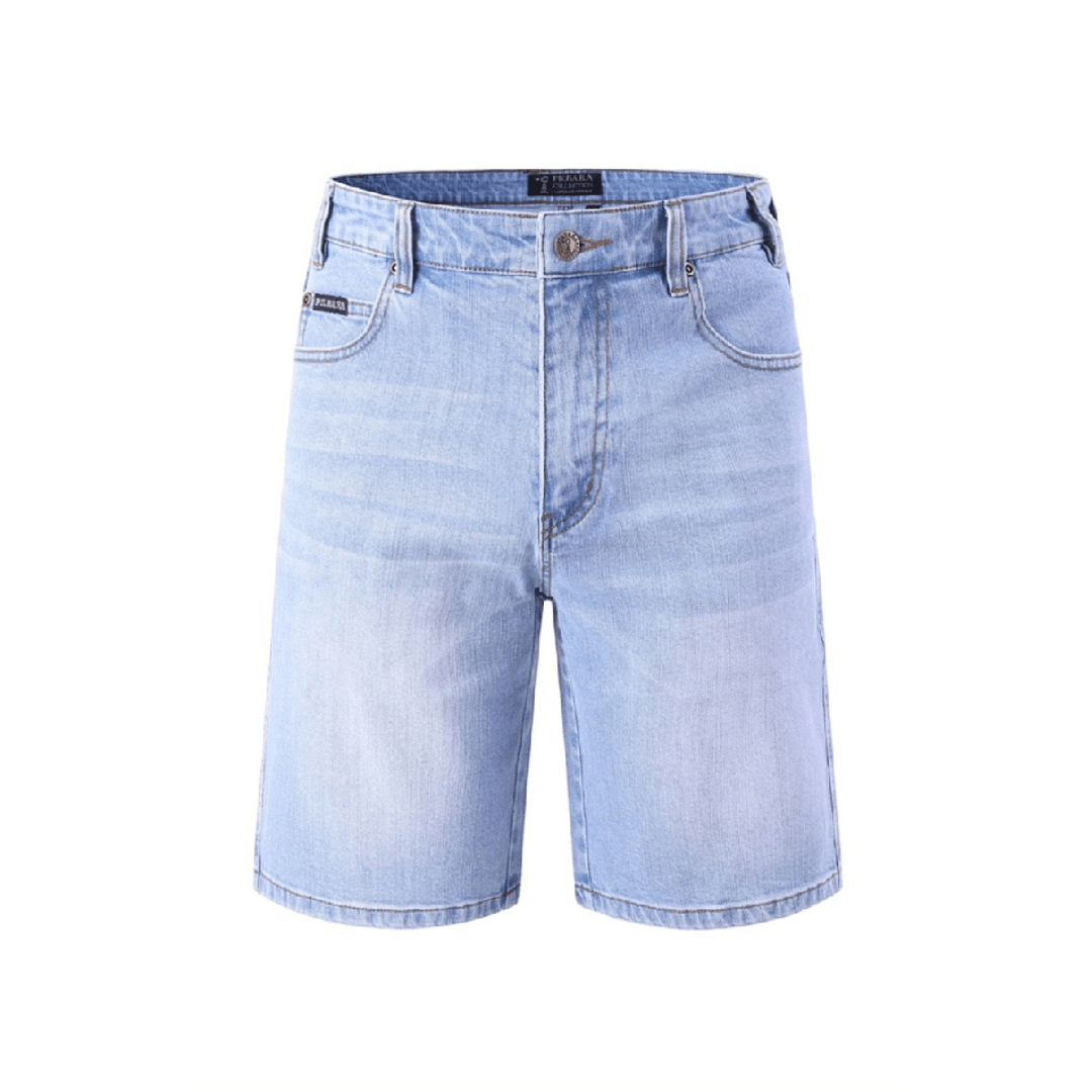 Stewarts Menswear Pilbara Stretch Denim Shorts. These Pilbara Men's Stretch Denim Shorts are perfect for everyday wear, outdoor activities, and casual events. They can be paired with a t-shirt, polo shirt or dress shirt, making them versatile addition to your wardrobe. Acid Wash colour, front view.