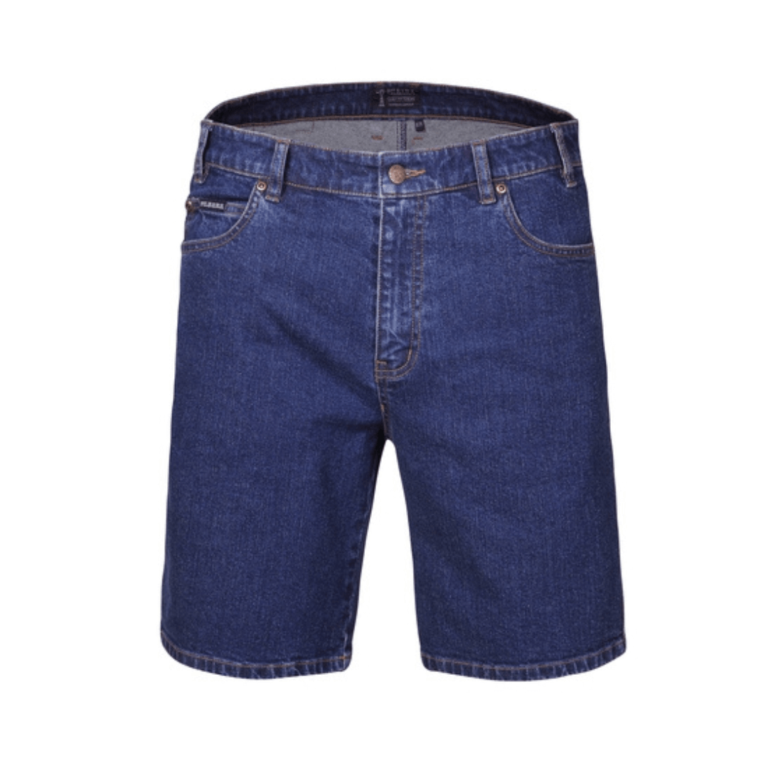 Stewarts Menswear Pilbara Stretch Denim Shorts. These Pilbara Men's Stretch Denim Shorts are perfect for everyday wear, outdoor activities, and casual events. They can be paired with a t-shirt, polo shirt or dress shirt, making them versatile addition to your wardrobe. Indigo blue colour, front view.