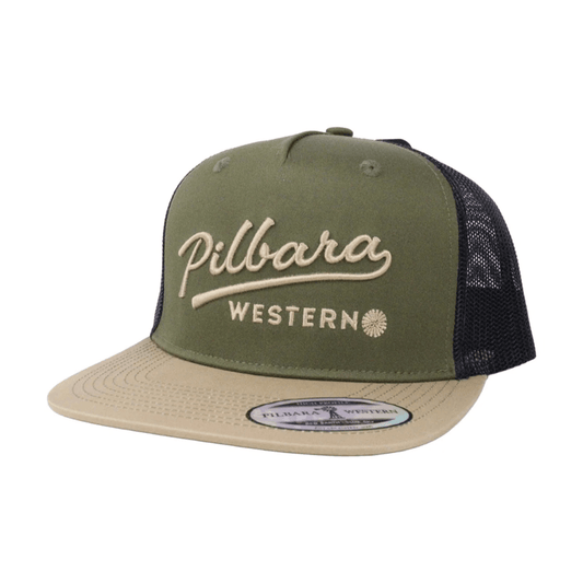An olive green and beige trucker hat with a black mesh back, featuring 'Pilbara WESTERN' embroidered on the front.