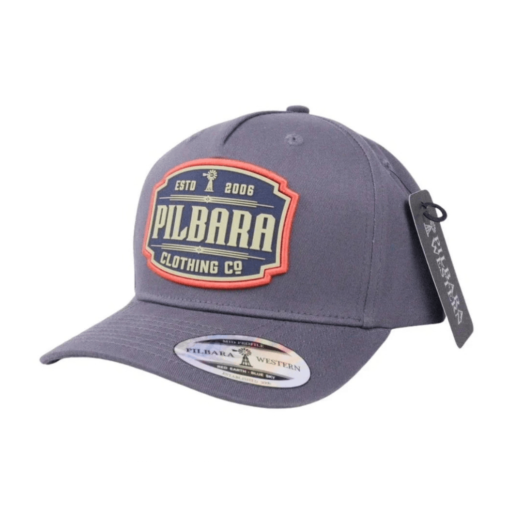 Pilbara Clothing Co. Cap with polyurethane badge and chunky embroidered edge, available at Stewart's Menswear Mullumbimby.