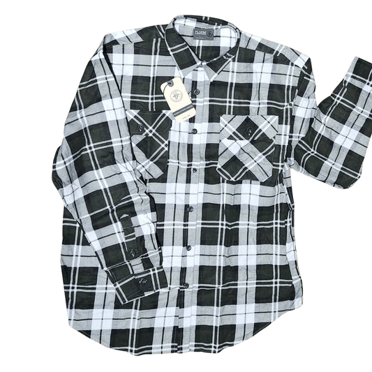 Stewart's Menswear, Mullumbimby. Pilgrim Men's Flannelette shirt in classic check. Double pockets on front. Dark Green and White check design.