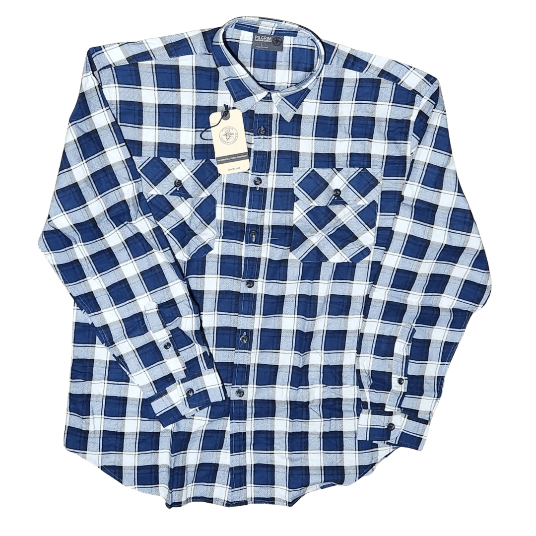 Stewart's Menswear, Mullumbimby. Pilgrim Men's Flannelette shirt in classic check. Double pockets on front. Dark Blue and White check design.
