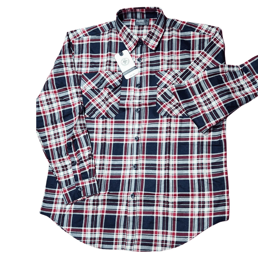 Stewart's Menswear, Mullumbimby. Pilgrim Men's Flannelette shirt in classic check. Double pockets on front. Navy, red and Off White check design.