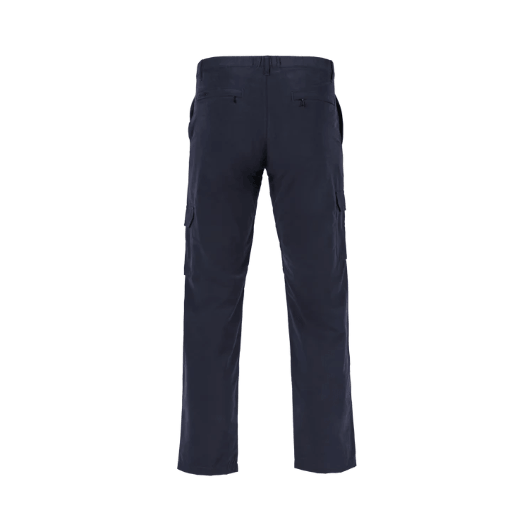 Back view of Pilgrim Lightweight Cargo Pant in navy with cargo pockets and zipped back pockets, available at Stewart's Menswear Mullumbimby.