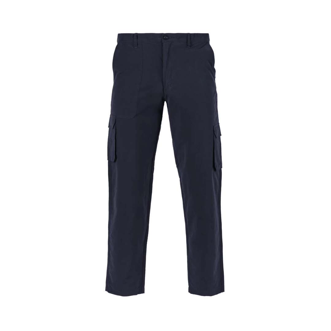 Front view of Pilgrim Lightweight Cargo Pant in navy with cargo pockets and zipped back pockets, available at Stewart's Menswear Mullumbimby.