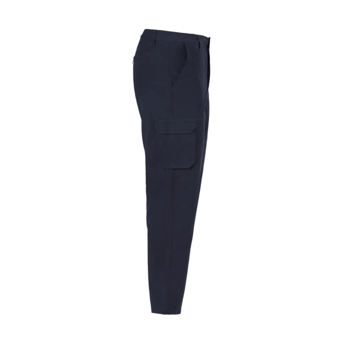 Side view of Pilgrim Lightweight Cargo Pant in navy with cargo pockets and zipped back pockets, available at Stewart's Menswear Mullumbimby.
