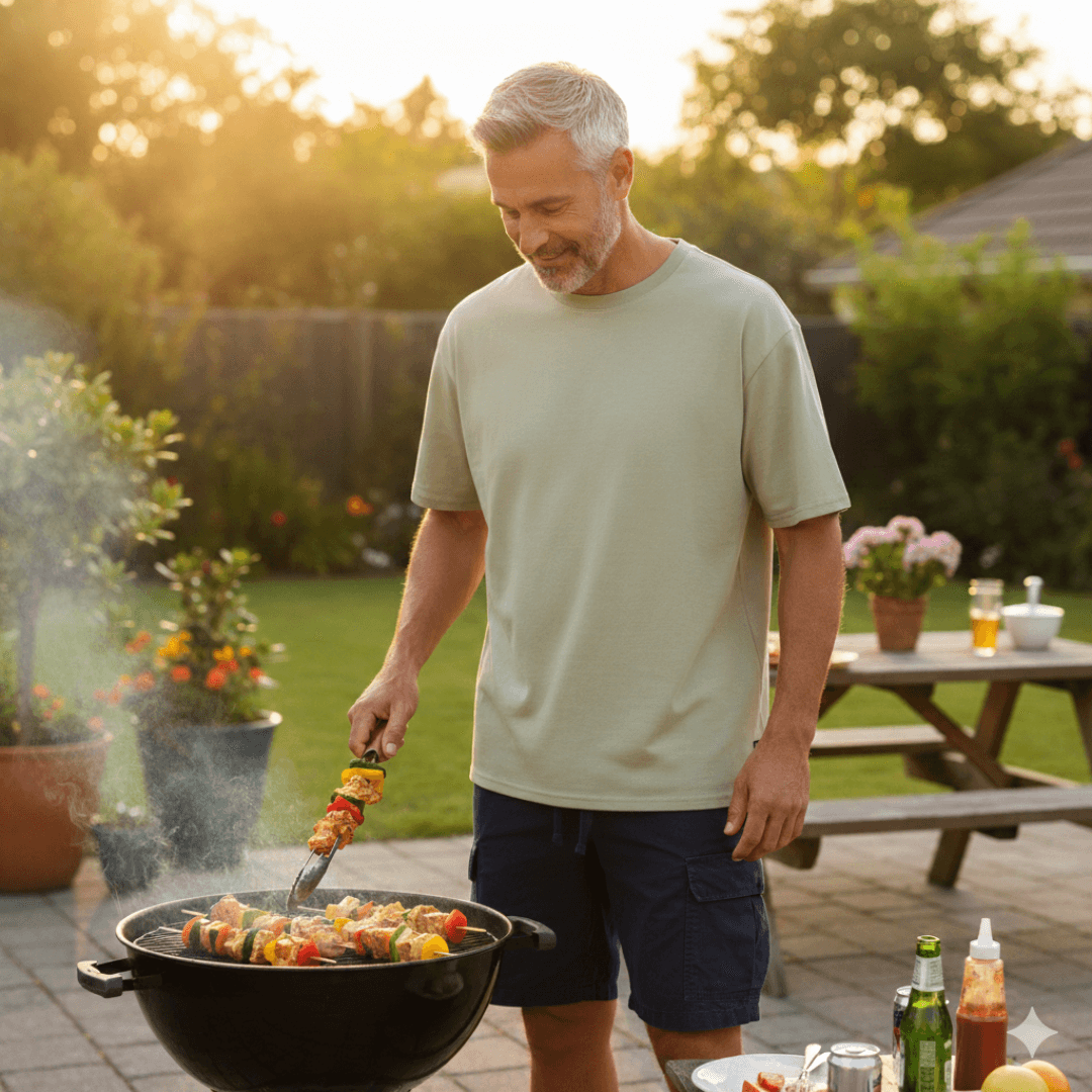 Photo of a man cooking a BBQ wearing Navy coloured Pilgrim Elastic Waist Cargo Shorts and a mint coloured Silent Theory Essential fit tee, both available at Stewart’s Menswear Mullumbimby. 