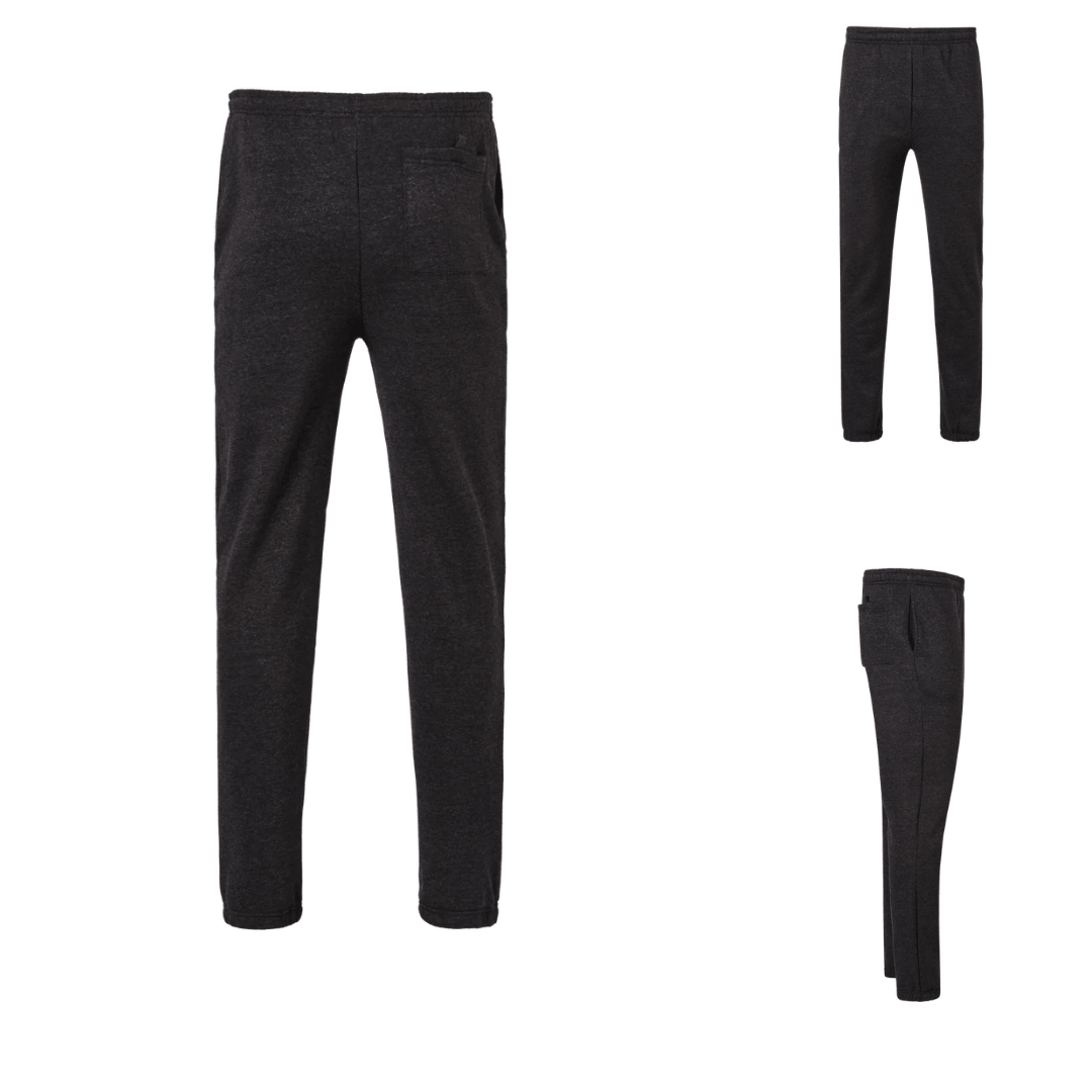 A pair of  charcoal marle men's elastic waist fleece trackpants with drawstring and cuffed ankles available at Stewart's Menswear Mullumbimby.