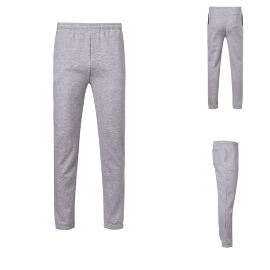 A pair of  grey marle men's elastic waist fleece trackpants with drawstring and cuffed ankles available at Stewart's Menswear Mullumbimby.
