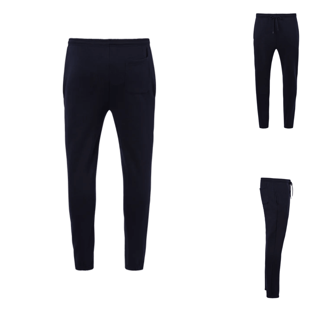 A pair of  navy men's elastic waist fleece trackpants with drawstring and cuffed ankles available at Stewart's Menswear Mullumbimby.