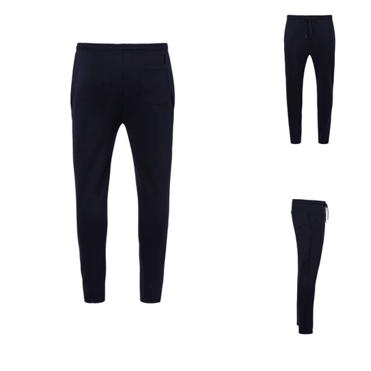 A pair of  navy men's elastic waist fleece trackpants with drawstring and cuffed ankles available at Stewart's Menswear Mullumbimby.