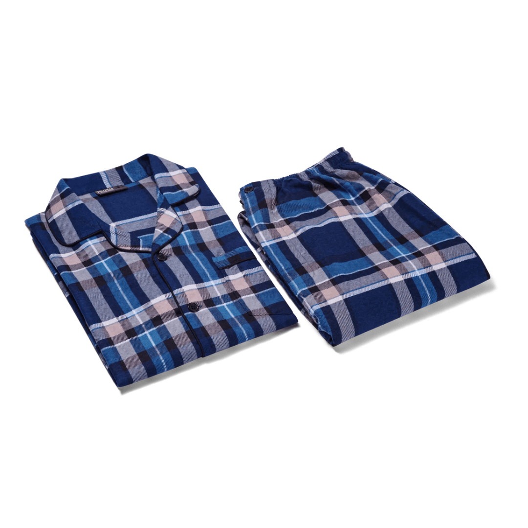 A folded set of red checkered men's long sleeve 100% cotton flannelette pyjamas available at Stewart's Menswear Mullumbimby