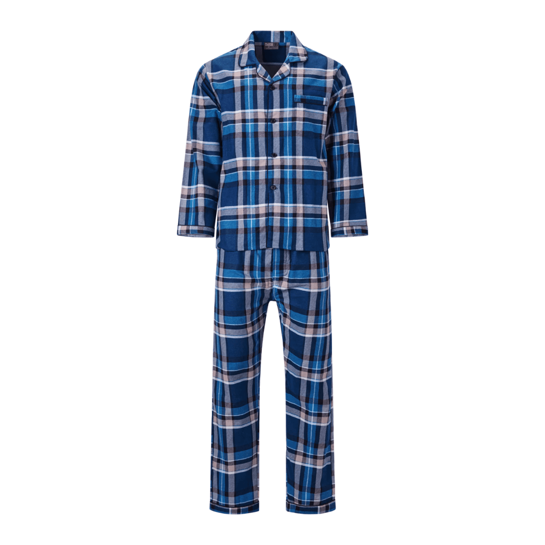 A set of blue checkered men's long sleeve 100% cotton flannelette pyjamas available at Stewart's Menswear Mullumbimby