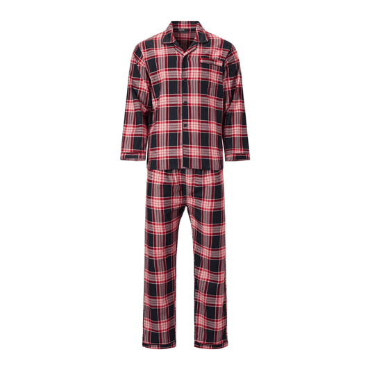 A set of red checkered men's long sleeve 100% cotton flannelette pyjamas available at Stewart's Menswear Mullumbimby